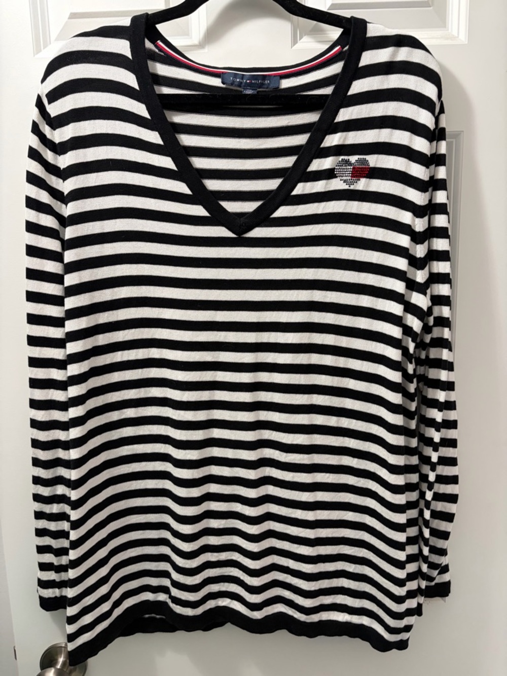 Tommy Hilfiger Black & White Striped Crewneck Top with Gemstone Heart